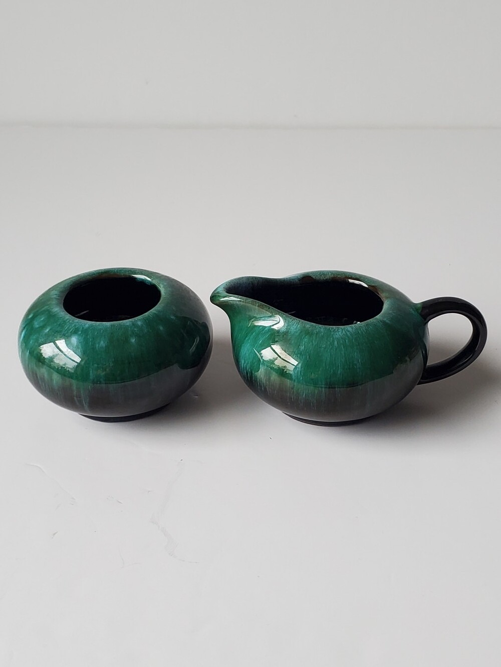 Vintage Blue Mountain Pottery Cream and Sugar Set Green Drip Glaze BMP Canada